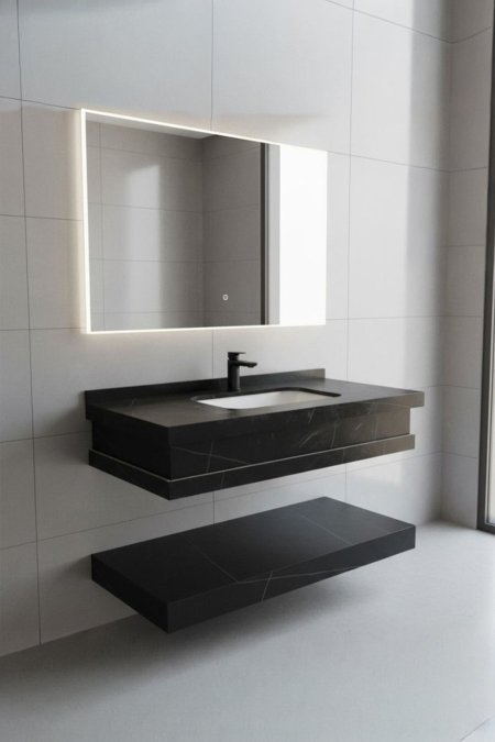 مغسلة حمّام معلّقة سطح أسود مع حوض مدمج